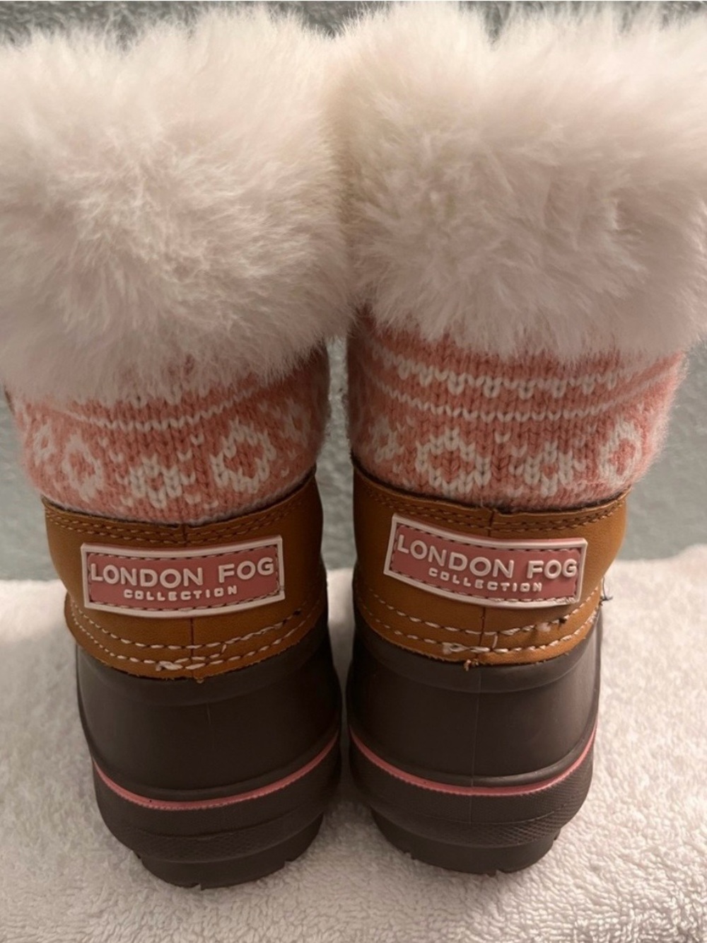 London fog toddler Brown Winter Duck Boots with Pink Knit Cuff and Faux-Fur Trim - Picture 5 of 12